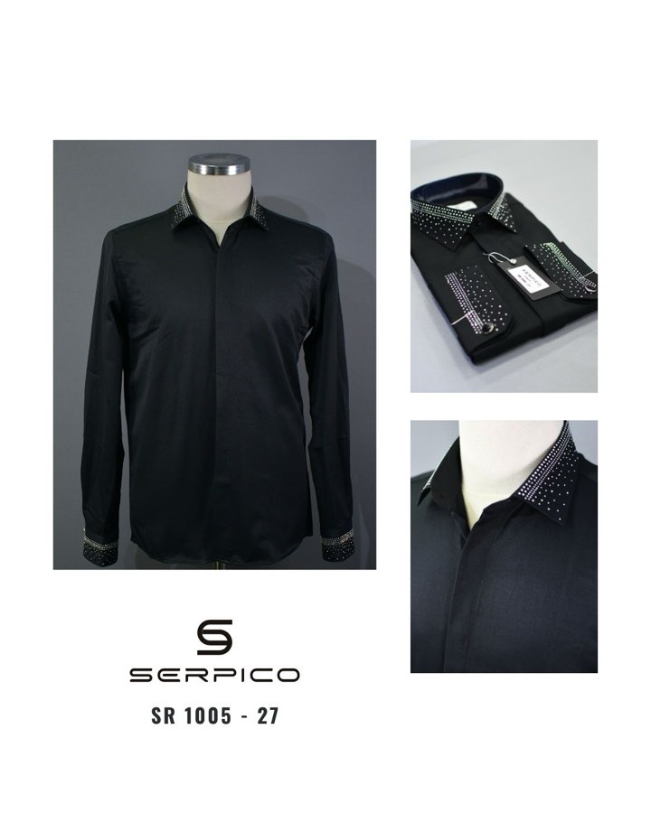 Men's Black Rhinestone-Trim Dress Shirt