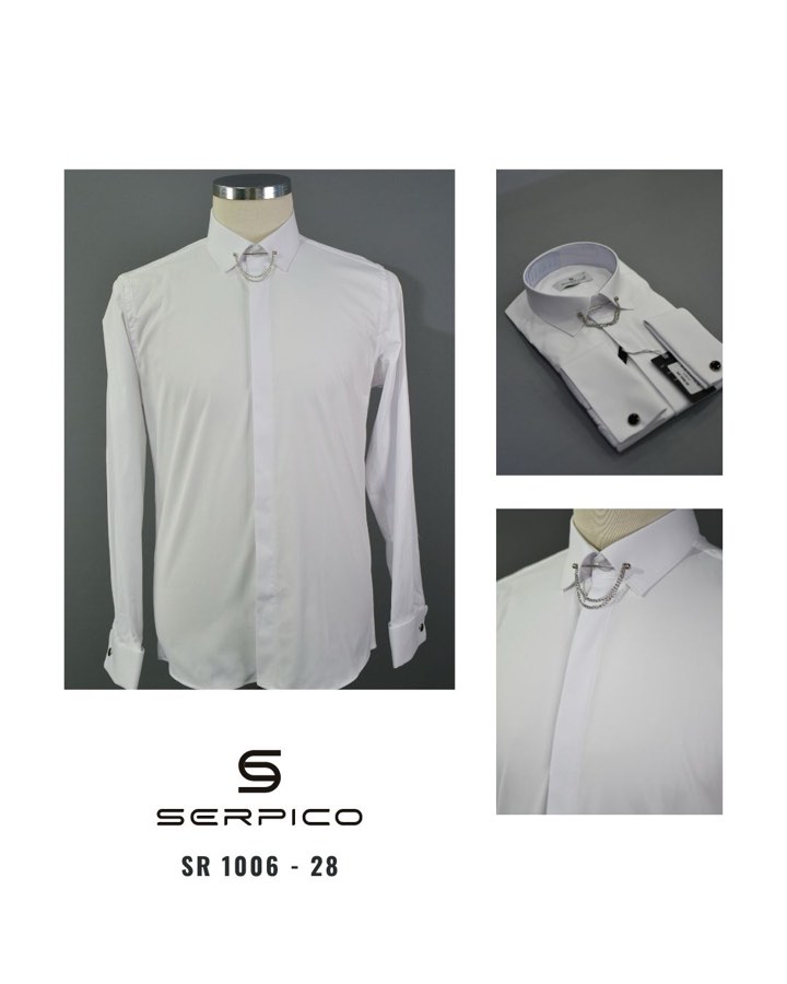 Men's White Dress Shirt with Rhinestone Collar Pin