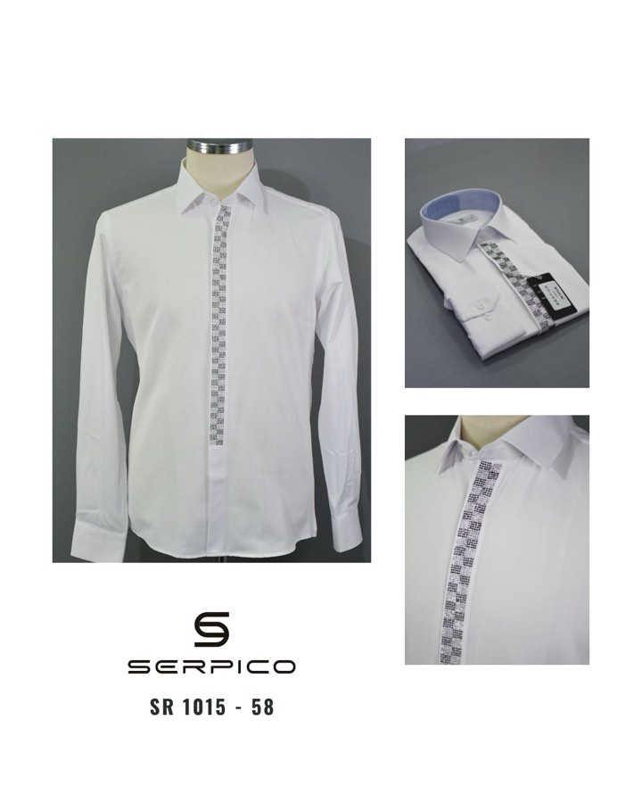 Men's White Checkered Rhinestone-Band Dress Shirt