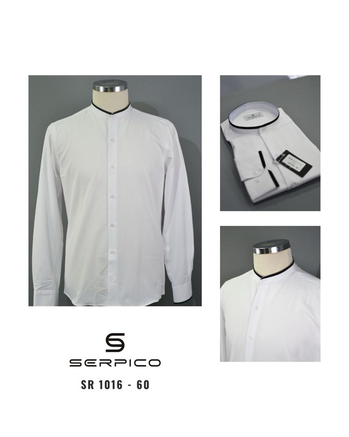 Men's White Band-Collar Shirt with Black Trim