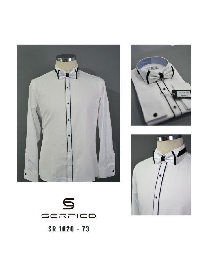 Men's White Wing-Collar Shirt with Piping & Bow Tie