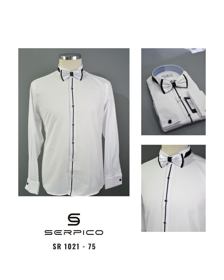 Men's White Wing-Collar Shirt with Piping, Bow Tie & Stone Buttons
