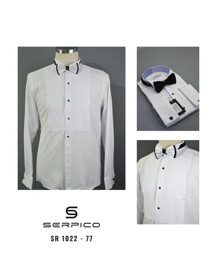 Men's White Pleated-Bib Tuxedo Shirt with Bow Tie
