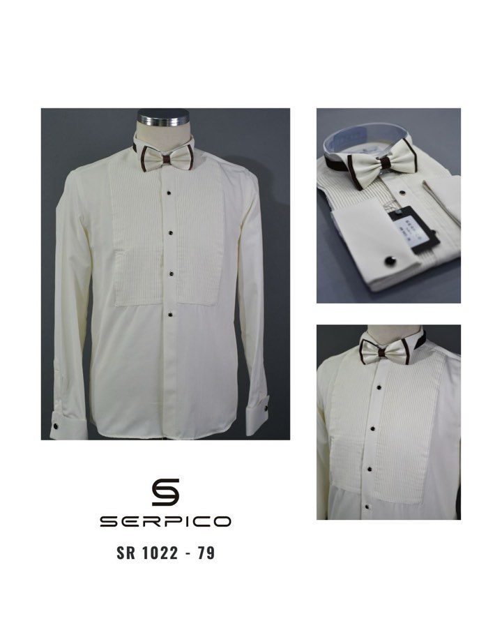 Men's Ivory Pleated-Bib Tuxedo Shirt with Bow Tie