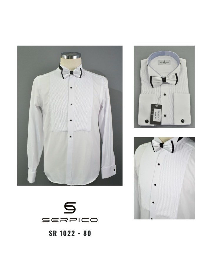 Men's White Diagonal-Pleat Tuxedo Shirt with Bow Tie