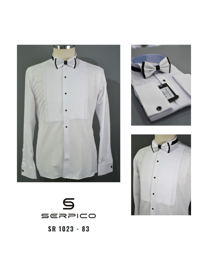 Men's White Pleated-Bib Tuxedo Shirt with Piped Bow Tie