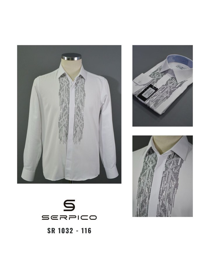 Men's White Geometric Rhinestone Dress Shirt