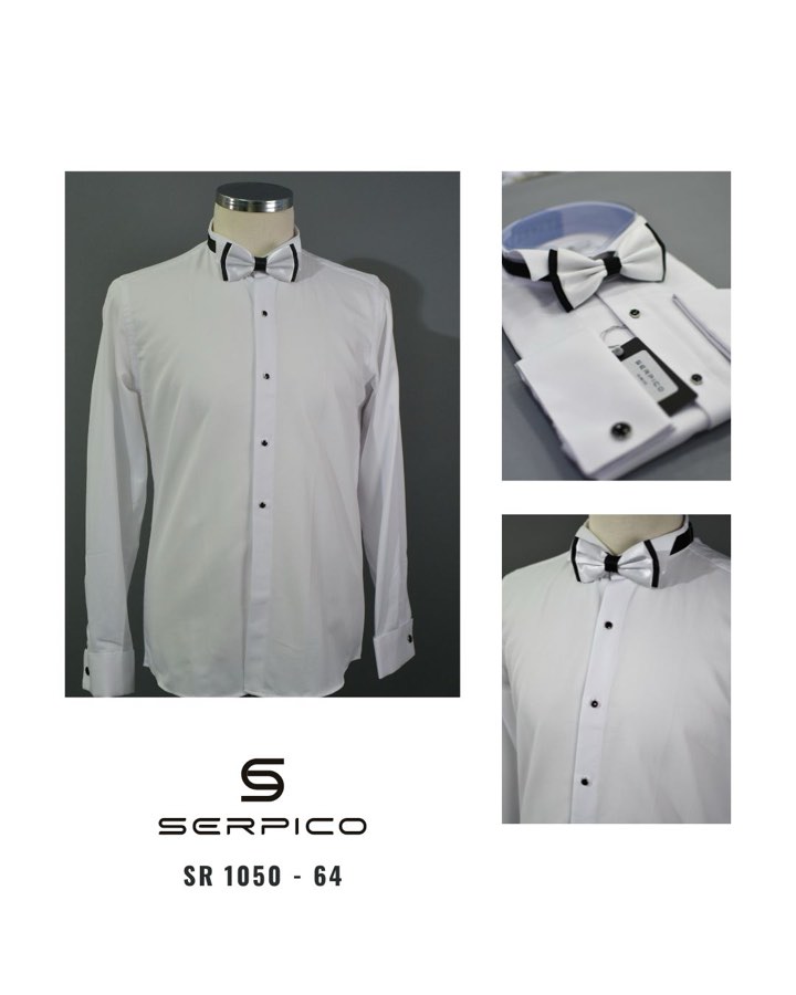 Men's White Wing-Collar Tuxedo Shirt with Bow Tie