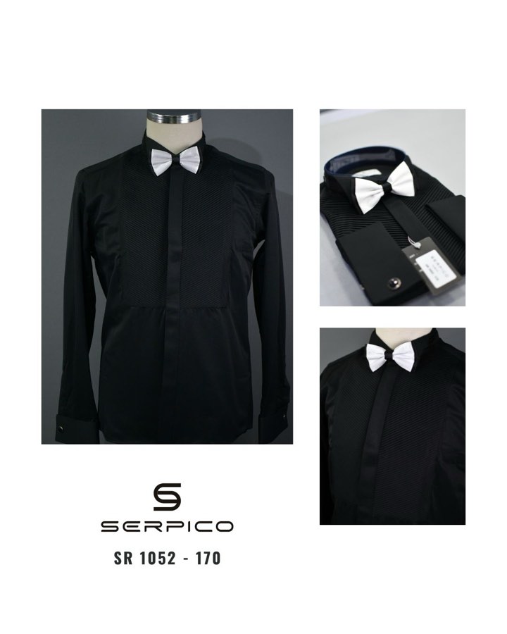 Men's Black Pleated-Bib Tuxedo Shirt with White Bow Tie