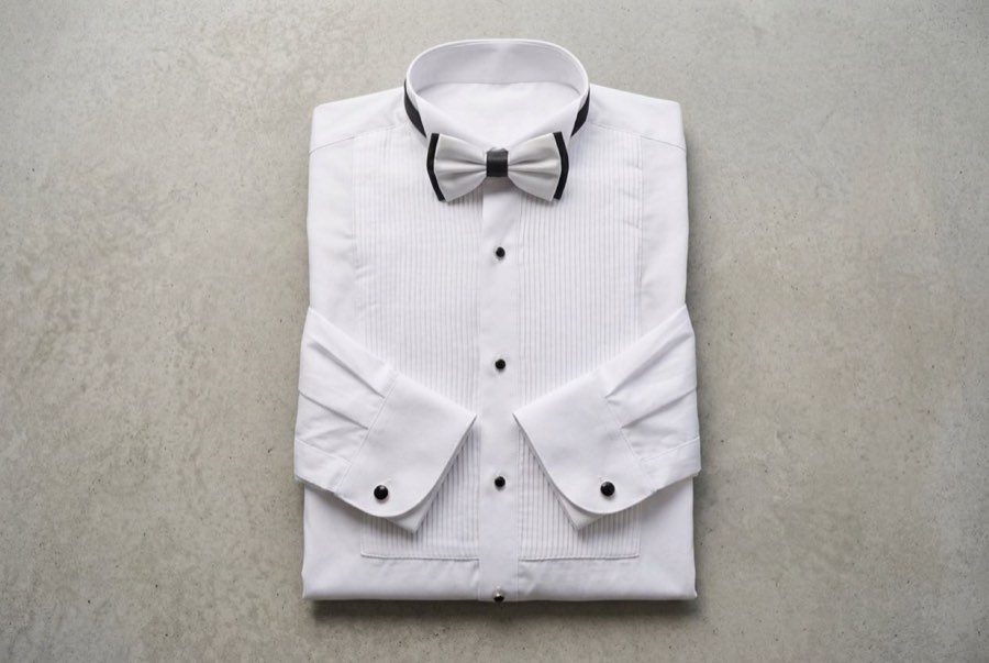 Men's White Pleated-Bib Tuxedo Shirt with Bow Tie