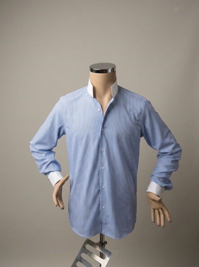 Men's Blue & White Striped Band-Collar Shirt