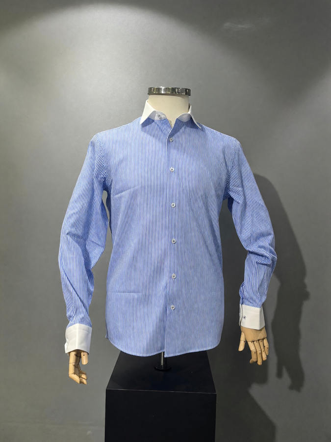 Men's Blue & White Pinstripe Shirt with Contrast Collar