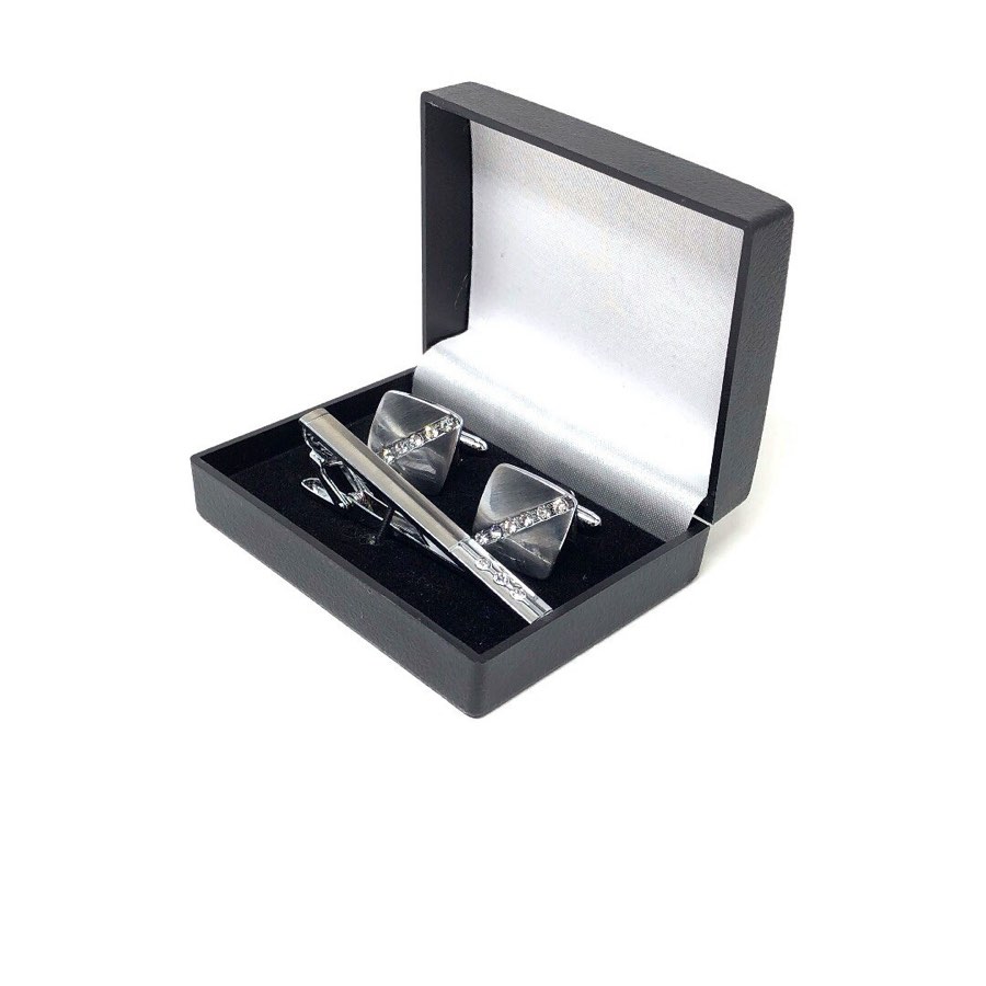 Men's Silver Cufflink & Tie Clip Set