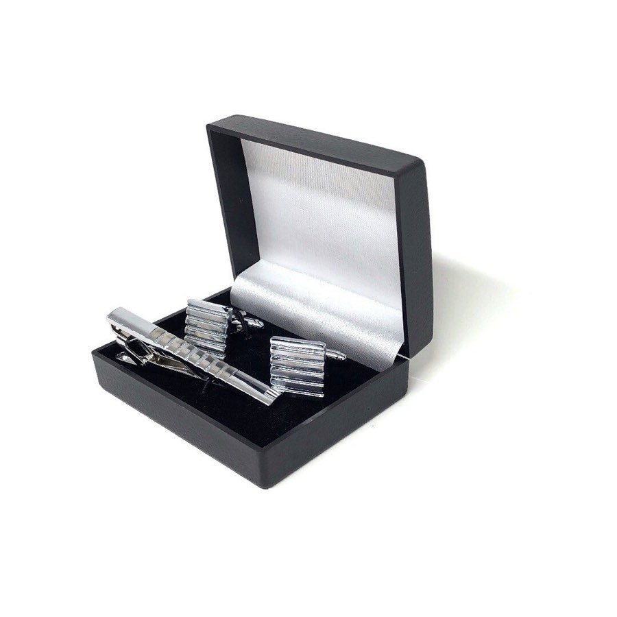 Men's Silver Cufflink & Tie Clip Set