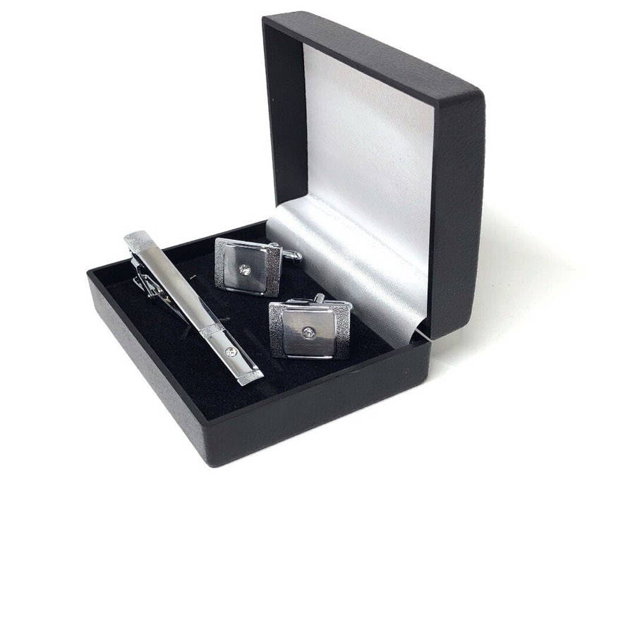 Men's Silver Cufflink & Tie Clip Set